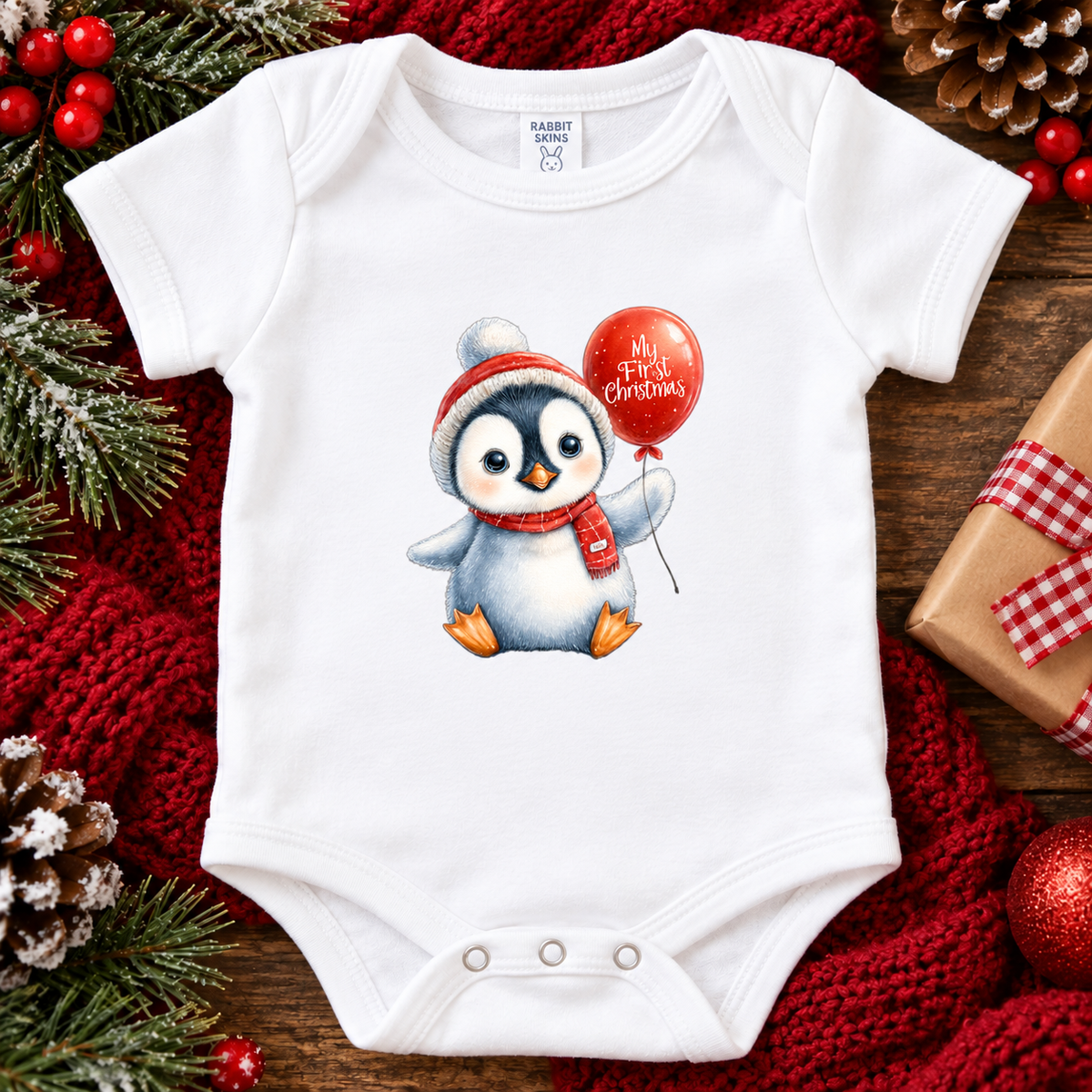 A white short-sleeve baby bodysuit laid flat on a rustic wooden surface, decorated with Christmas greenery, red berries, a red knit blanket, pinecones, and a wrapped gift. The bodysuit features a printed illustration of a penguin wearing a red hat and scarf and holding a red balloon that says 'My First Christmas.