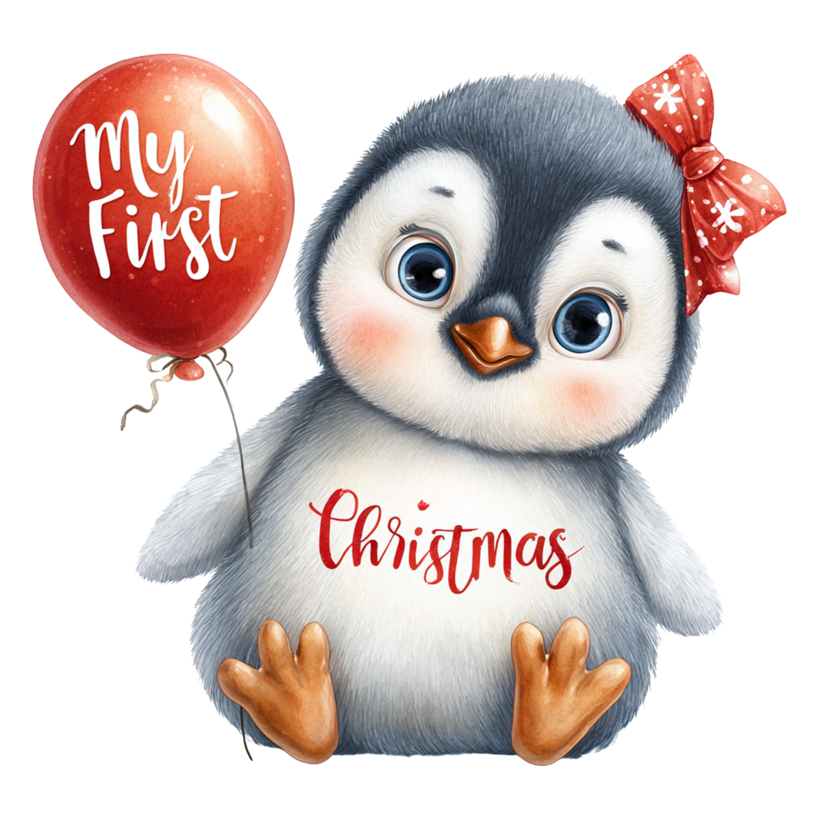 A cute cartoon penguin with blue eyes, a red bow, and a red balloon that says 'My First Christmas' on a plain white background.