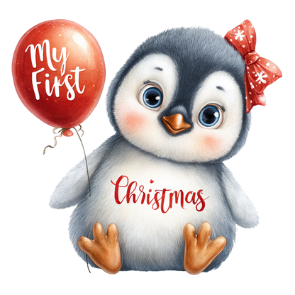A cute cartoon penguin with blue eyes, a red bow, and a red balloon that says 'My First Christmas' on a plain white background.
