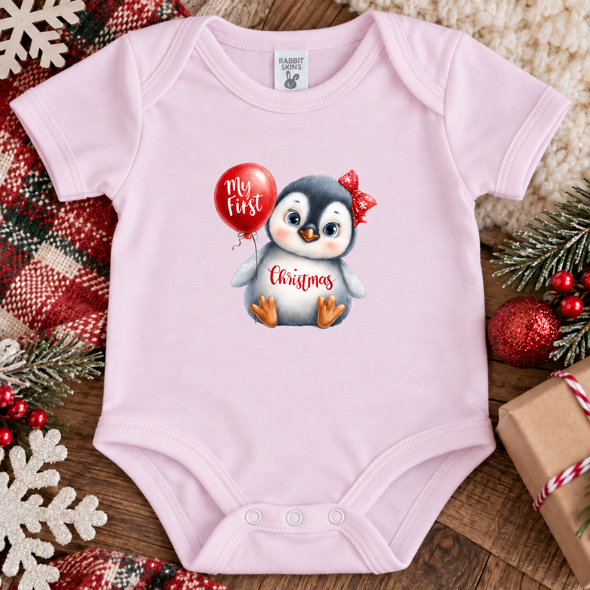 A ballerina pink baby bodysuit with a cute penguin graphic holding a red balloon that says 'my first Christmas'. The bodysuit is laid flat on a wooden surface surrounded by festive Christmas decorations including a plaid blanket, pine branches, red ornaments, and a wrapped gift box.