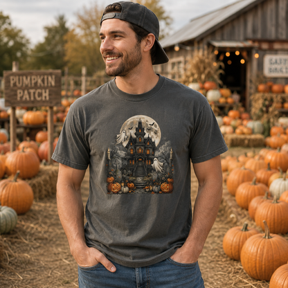 A man wearing a dark gray graphic t-shirt with a haunted house and pumpkins design, standing in a pumpkin patch with a rustic barn in the background.