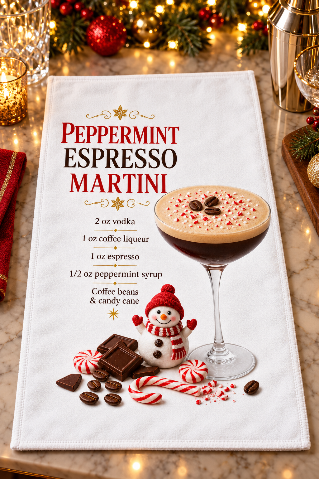 A white kitchen towel printed with a festive 'Peppermint Espresso Martini' recipe and a cocktail graphic design styled on a marble countertop with holiday lights and ornaments in the background.