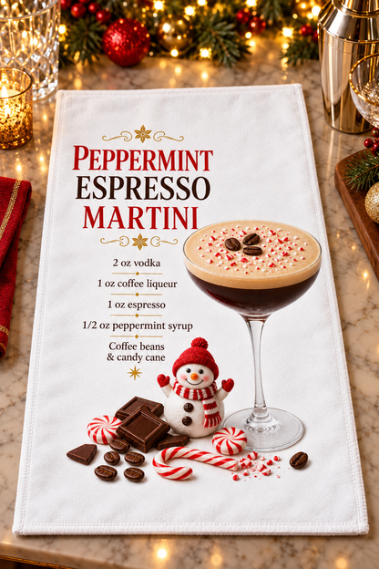 A white kitchen towel printed with a festive 'Peppermint Espresso Martini' recipe and a cocktail graphic design styled on a marble countertop with holiday lights and ornaments in the background.