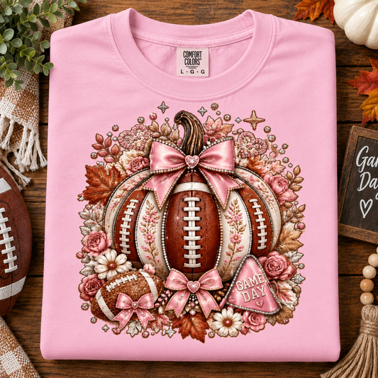 A folded light pink t-shirt with a detailed autumn football graphic, displayed on a rustic wooden surface with seasonal props like a partial football, a pumpkin, and fall leaves.