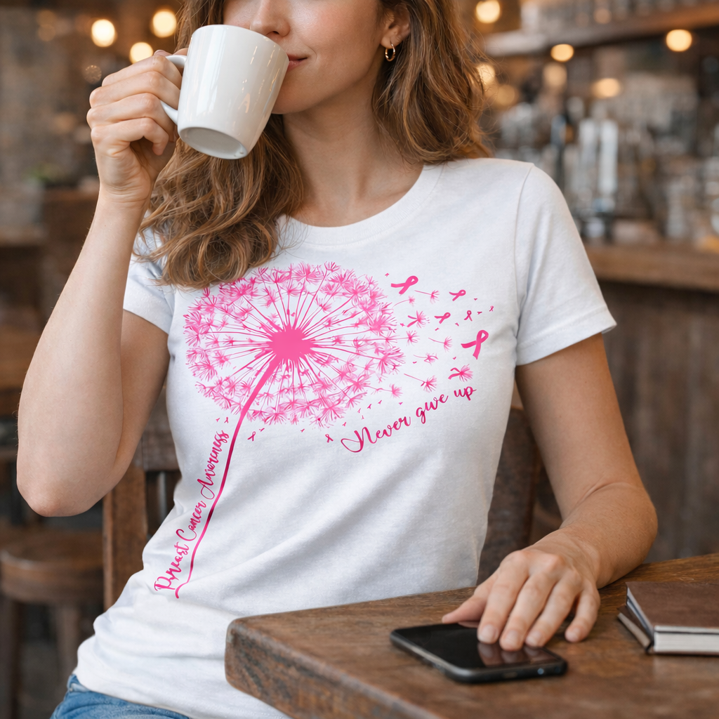 Woman wearing a white t-shirt with pink dandelion design and text, drinking from a white mug in a cafe.