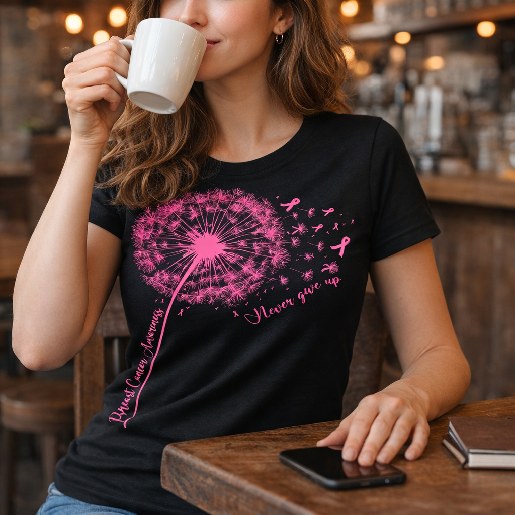 Woman wearing pink ribbon dandelion cancer awareness t-shirt casual outfit support shirt