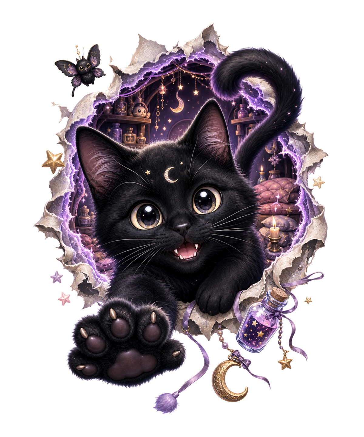 A whimsical graphic of a black cat with large expressive eyes and a paw extended forward, set against a torn-paper portal revealing a magical purple castle scene. The artwork includes stars, a butterfly, a small bottle with a starry label, and moon and star charms on a white background.