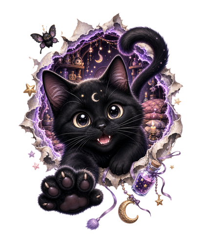 A whimsical graphic of a black cat with large expressive eyes and a paw extended forward, set against a torn-paper portal revealing a magical purple castle scene. The artwork includes stars, a butterfly, a small bottle with a starry label, and moon and star charms on a white background.
