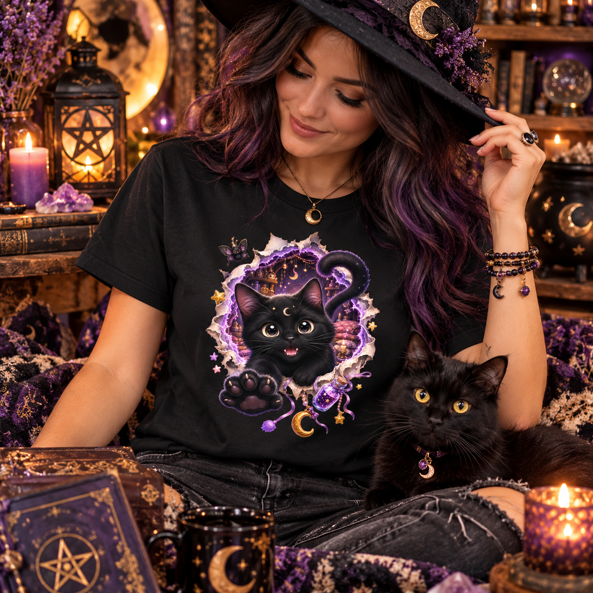 a woman wearing a black tshirt with a 3d black cat coming out the portal