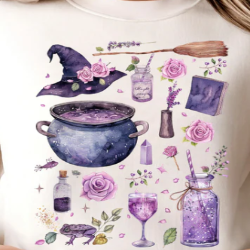 Cozy sweatshirt featuring a Practical Magic design with cauldron, broom, and witchy purple details, perfect for Halloween or magical style.