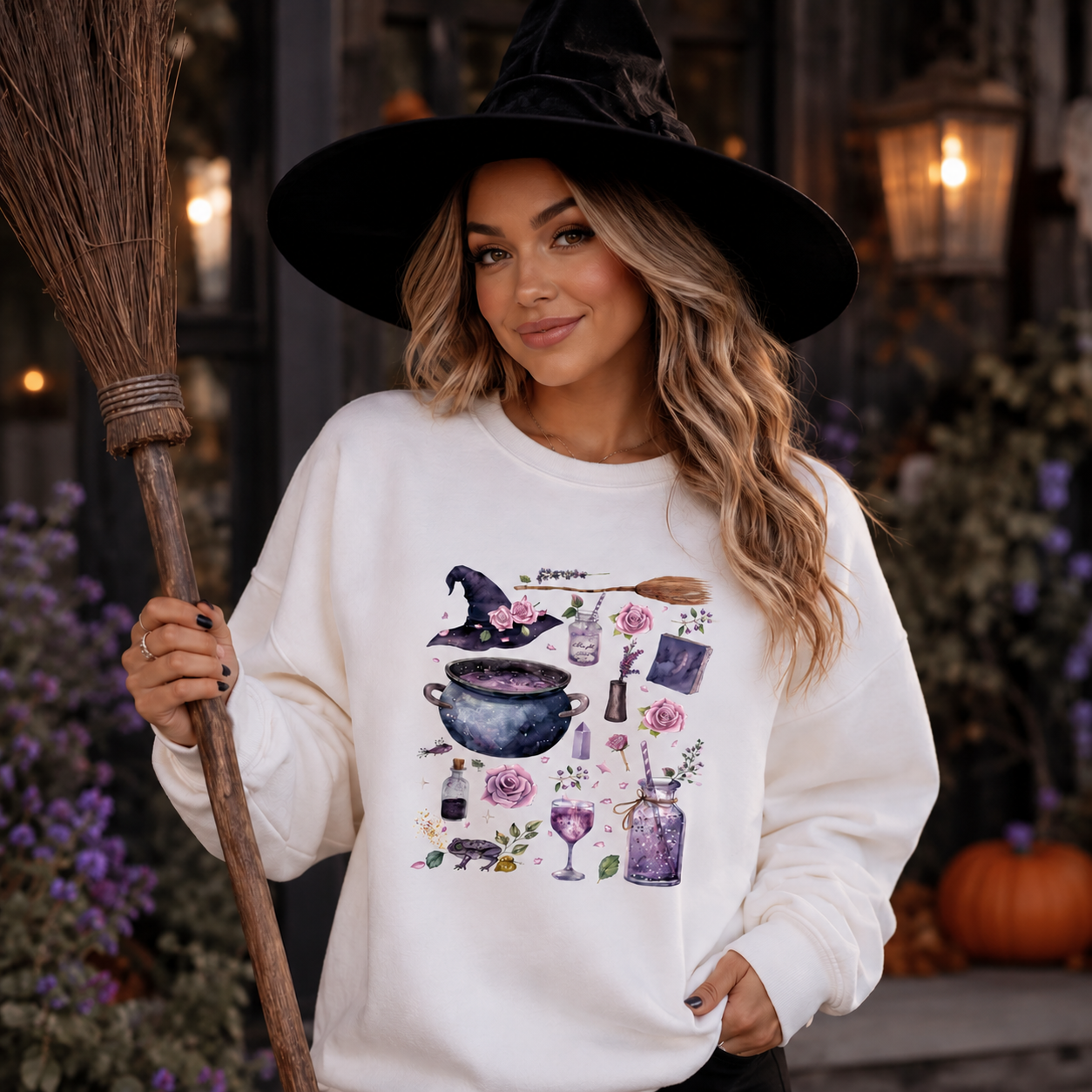 A woman wearing a white crewneck sweatshirt with a purple and pink witch-themed graphic print, holding a broomstick in a Halloween-themed setting.