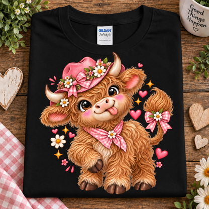 A black Gildan Softstyle t-shirt laid flat on a rustic wooden surface, featuring a colorful graphic of a cute fluffy brown highland cow wearing a pink hat and bow tie, surrounded by hearts and flowers.