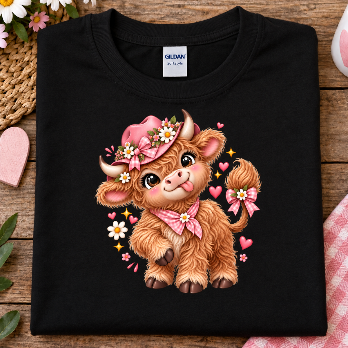 A folded black Gildan t-shirt with a colorful cartoon illustration of a fluffy brown cow wearing a pink hat and bow, displayed on a rustic wooden surface with decorative props.
