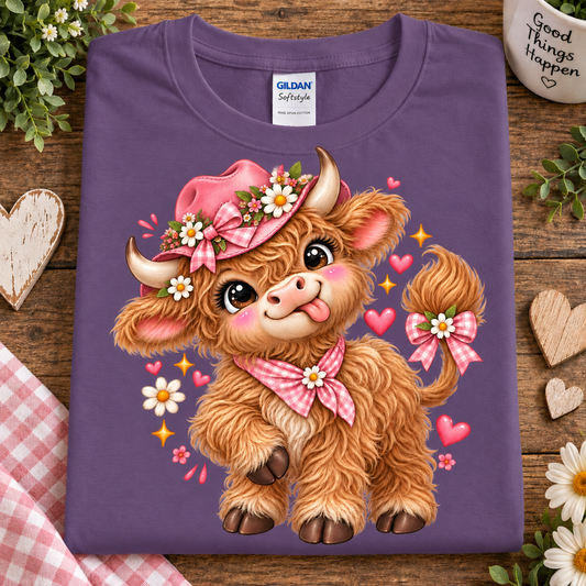 A folded heather purple Gildan Softstyle t-shirt with a cute cartoon Highland cow graphic, displayed on a rustic wooden background with decorative hearts, flowers, and a gingham cloth.