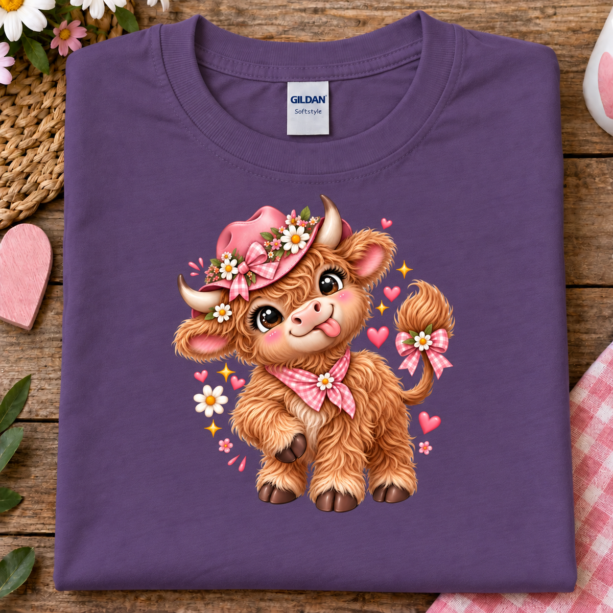 A folded purple Gildan t-shirt displayed on a rustic wooden surface, featuring a cute cartoon illustration of a fluffy brown cow wearing a pink floral hat and bow.