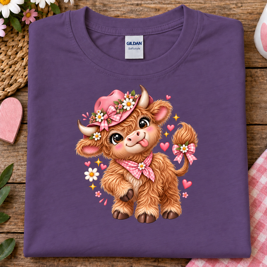 A folded purple Gildan t-shirt displayed on a rustic wooden surface, featuring a cute cartoon illustration of a fluffy brown cow wearing a pink floral hat and bow.
