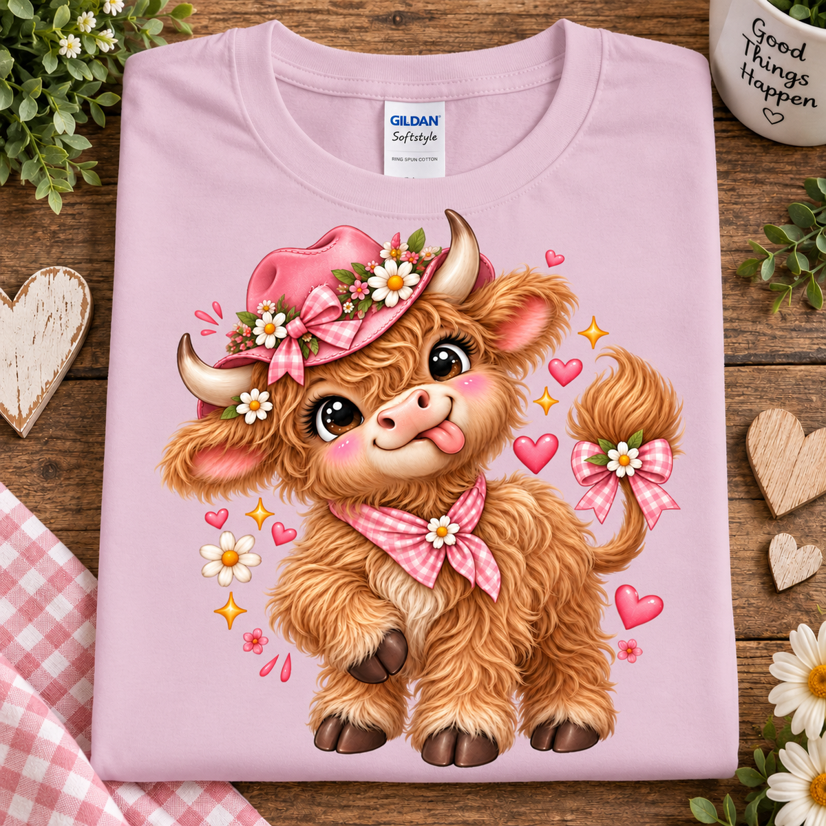 A folded light pink Gildan Sofstyle t-shirt is displayed on a rustic wooden surface. The shirt features a colorful cartoon graphic of a fluffy brown Highland cow wearing a pink hat and bow tie, surrounded by pink hearts and white daisies.