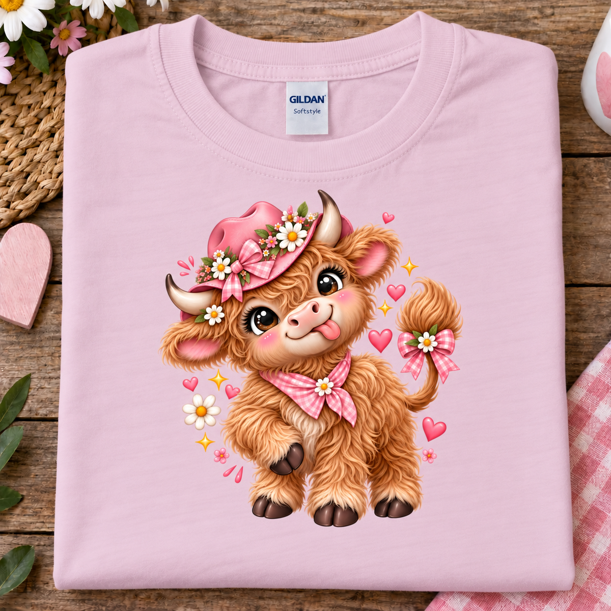A folded light pink Gildan t-shirt displayed on a rustic wooden surface, featuring a cute cartoon illustration of a fluffy brown cow wearing a pink floral hat and bow.