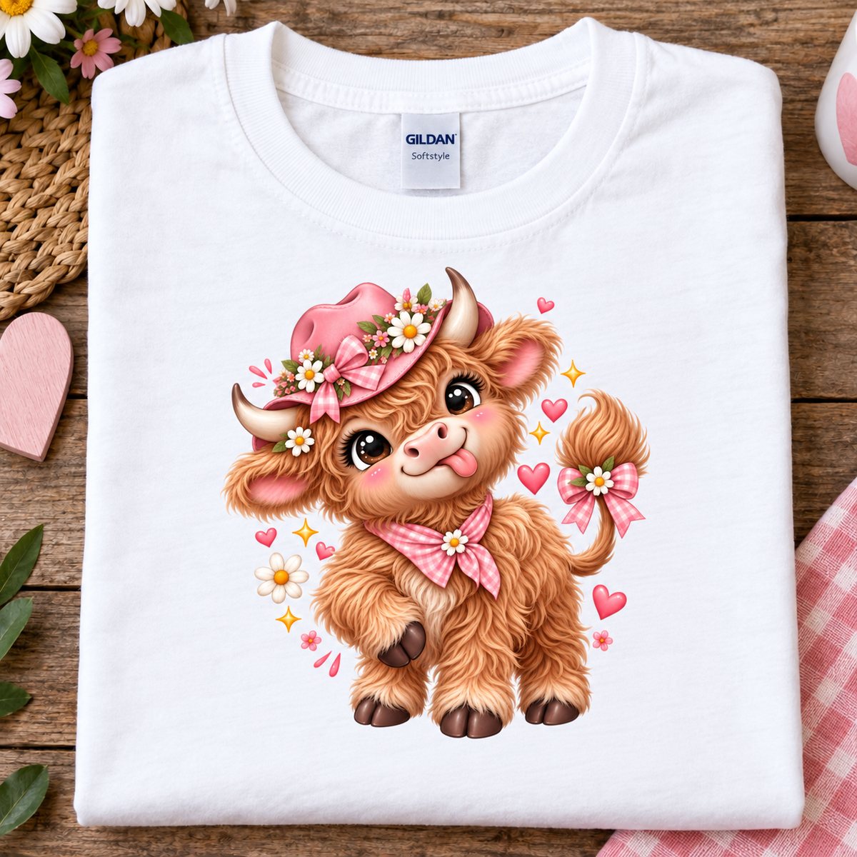 A folded white Gildan t-shirt displayed on a rustic wooden surface, featuring a cute cartoon illustration of a fluffy brown calf wearing a pink floral hat and bow.