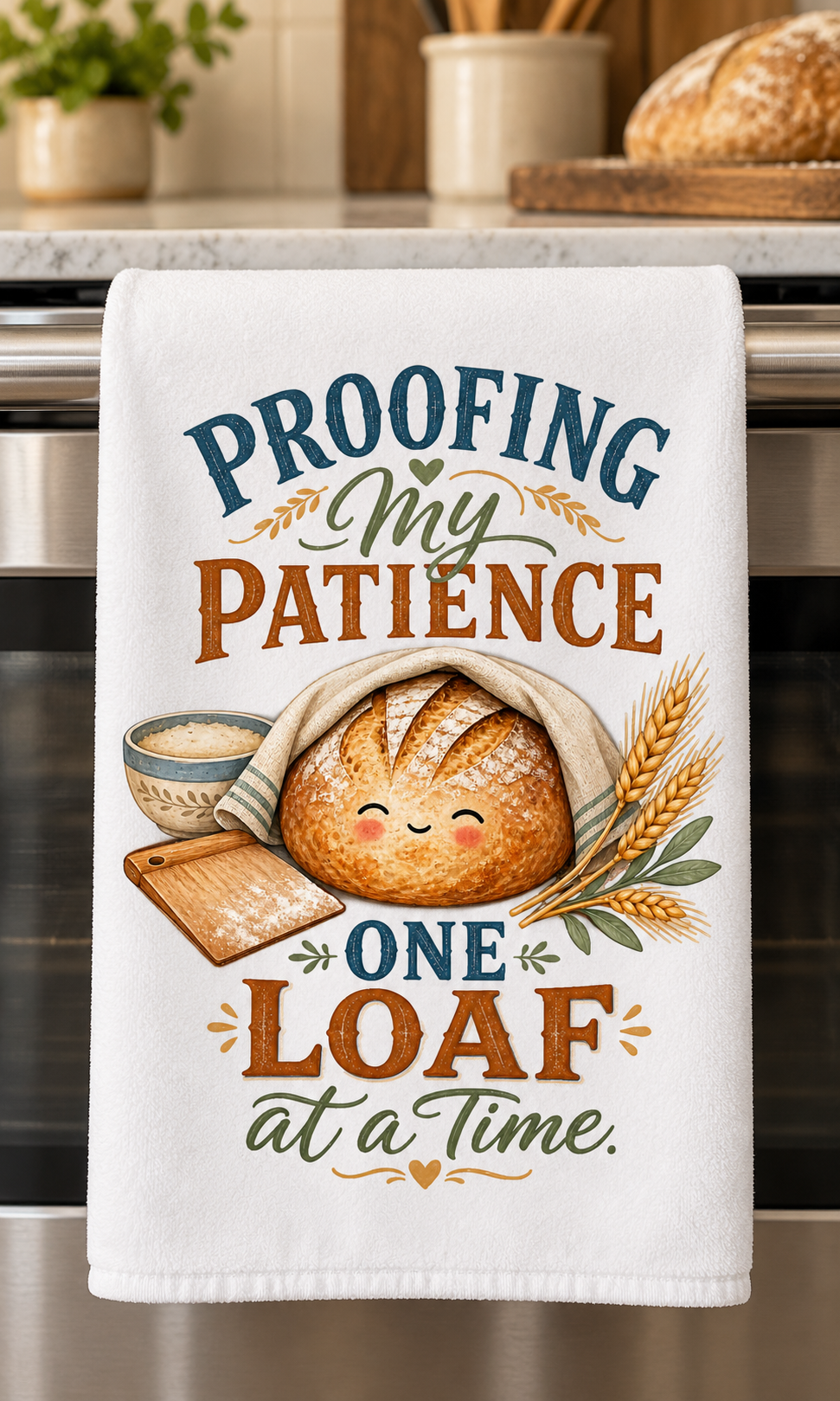 A white kitchen towel hanging on a stainless steel oven handle, printed with the phrase 'PROOFING My PATIENCE ONE LOAF at a time' around an illustration of a smiling loaf of bread with wheat stalks.
