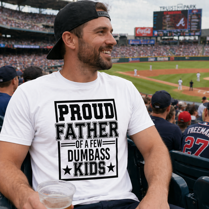 Man wearing a white t-shirt with text at a baseball game