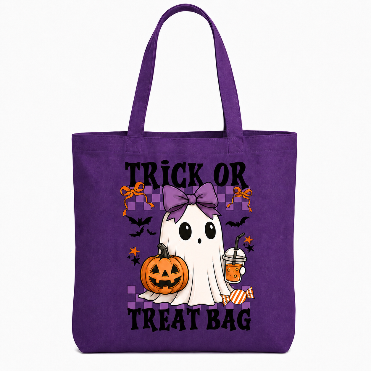 A purple canvas tote bag with a Halloween graphic featuring a cartoon ghost, jack-o'-lantern, bats, candy, and the text 'TRICK OR TREAT BAG'.