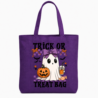 A purple canvas tote bag with a Halloween graphic featuring a cartoon ghost, jack-o'-lantern, bats, candy, and the text 'TRICK OR TREAT BAG'.