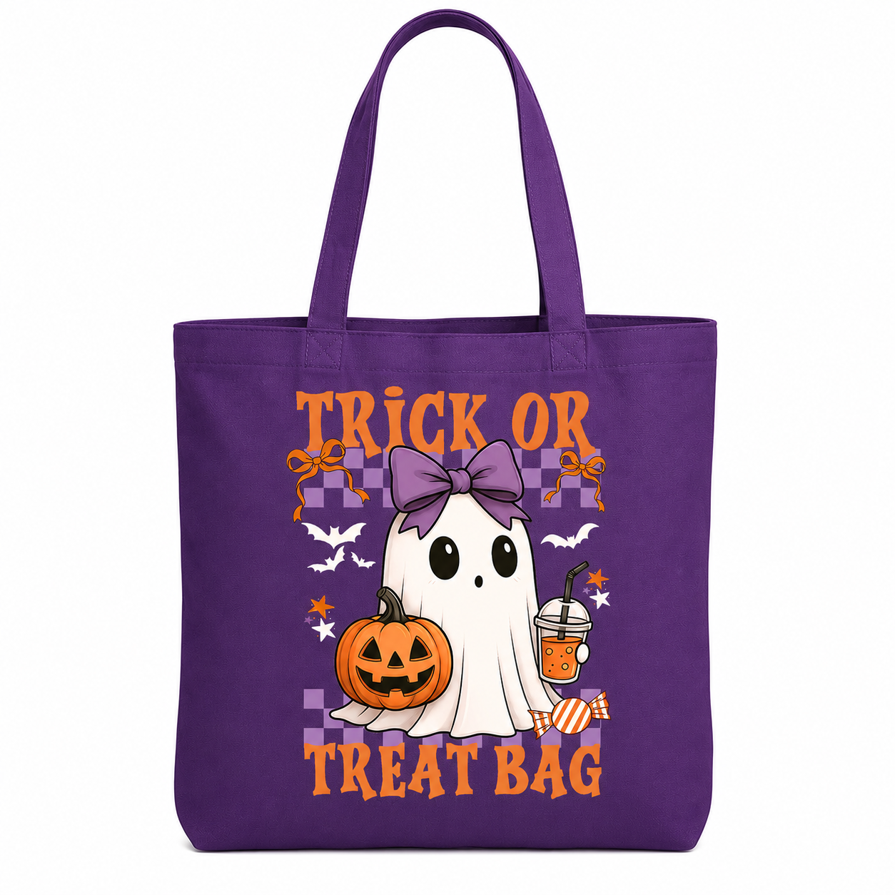 A purple canvas tote bag with a Halloween graphic featuring a cartoon ghost, jack-o'-lantern, bats, candy, and the text 'TRICK OR TREAT BAG' in orange.