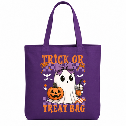 A purple canvas tote bag with a Halloween graphic featuring a cartoon ghost, jack-o'-lantern, bats, candy, and the text 'TRICK OR TREAT BAG' in orange.