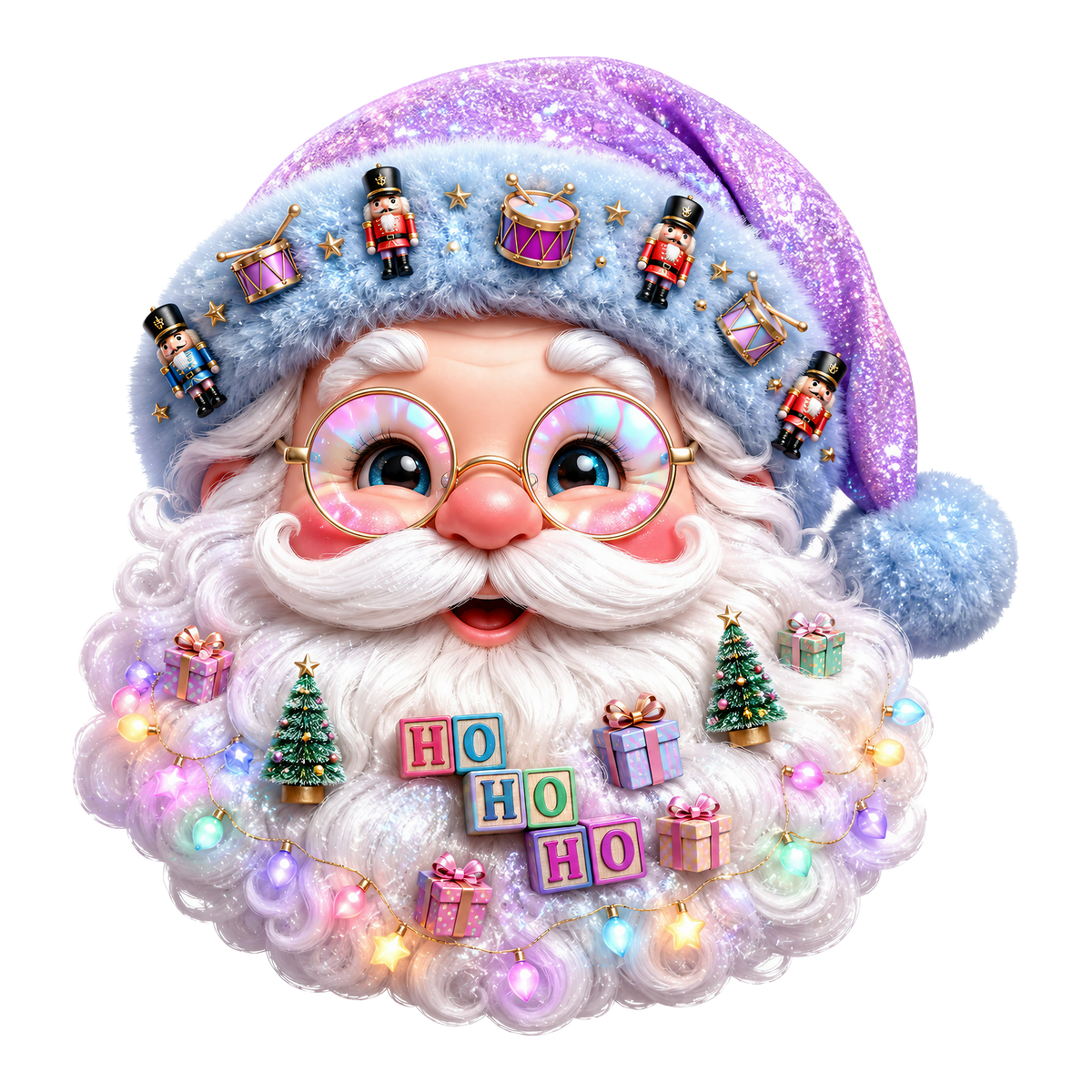 A festive illustrated Santa Claus head with a glittery lavender Santa hat, round glasses, a white beard, and colorful holiday decorations including toy drums, nutcrackers, Christmas trees, gift boxes, and a 'HO HO HO' block sign, isolated on a black background.