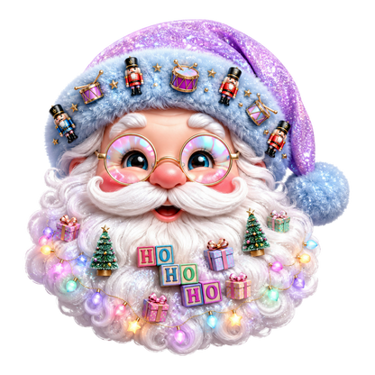 A festive illustrated Santa Claus head with a glittery lavender Santa hat, round glasses, a white beard, and colorful holiday decorations including toy drums, nutcrackers, Christmas trees, gift boxes, and a 'HO HO HO' block sign, isolated on a black background.