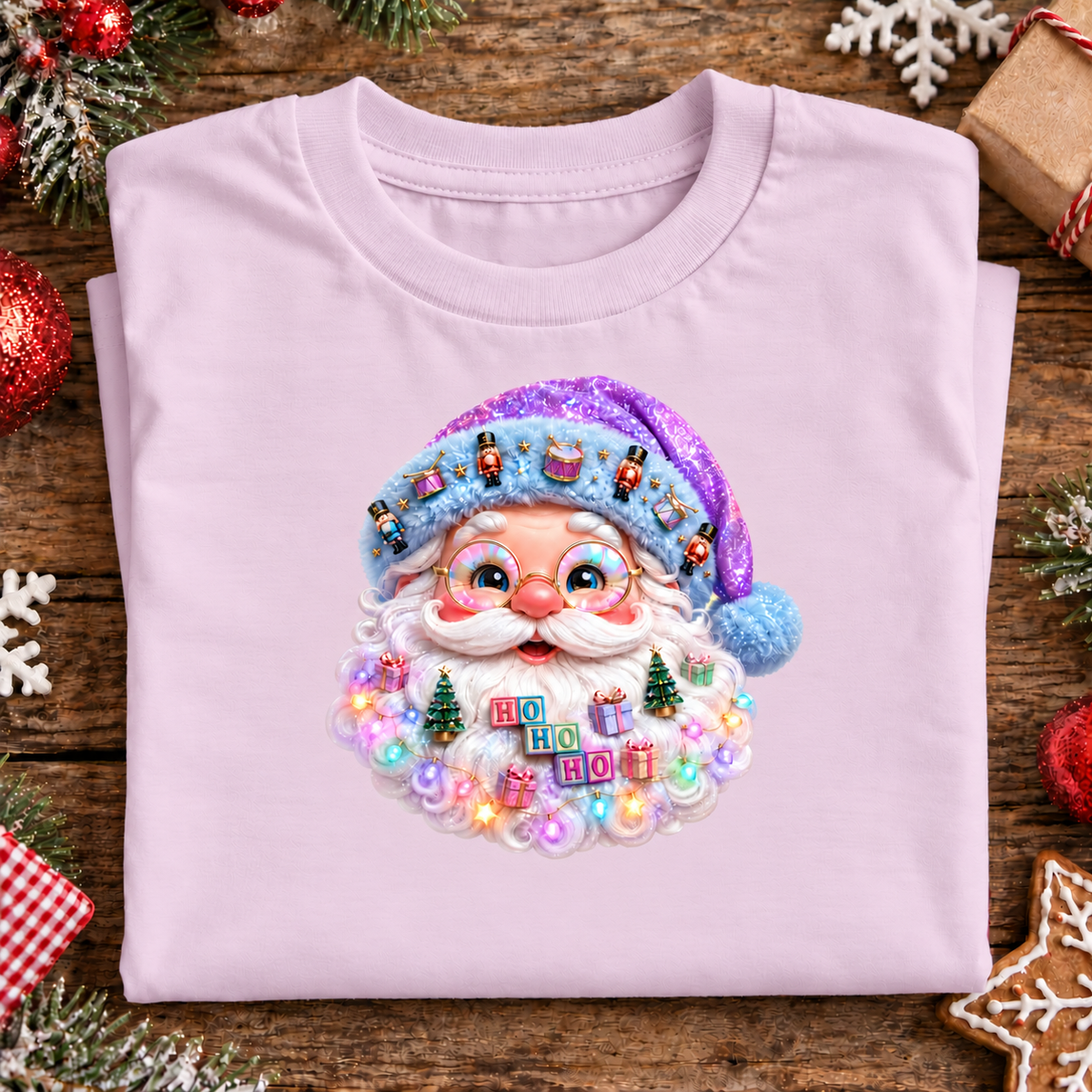 A ballerina pink crewneck t-shirt with a large, detailed 3D Santa Claus graphic on the front, displayed on a rustic wooden background decorated with Christmas ornaments and greenery.