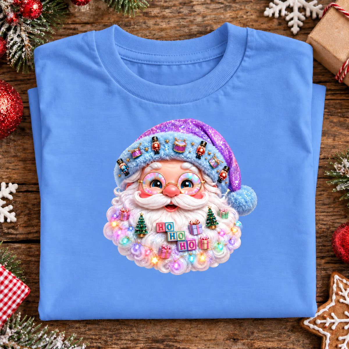 A folded carolina blue t-shirt with a large, detailed 3D Santa Claus face graphic on the chest, displayed on a rustic wooden background decorated with Christmas ornaments, pine branches, and a gingerbread cookie.