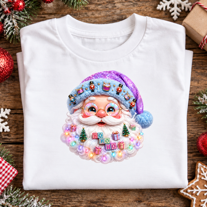A folded white t-shirt with a colorful, 3D-effect Christmas Santa graphic on the front, displayed on a rustic wooden background decorated with holiday ornaments, pine branches, and snowflakes.