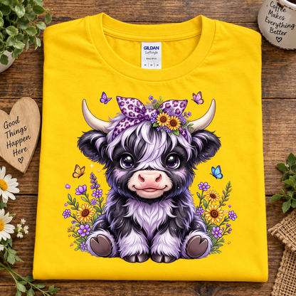 A folded daisy colored Gildan Comfort T-shirt is displayed on a rustic wooden surface. The shirt features a large, colorful cartoon graphic of a cute black and white highland cow wearing a purple bow and flower crown, surrounded by wildflowers and butterflies.