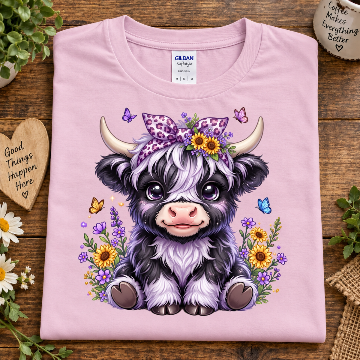 A folded light pink Gildan cotton t-shirt with a cute cartoon illustration of a black and white highland cow wearing a purple leopard-print bow and surrounded by yellow and purple flowers, displayed on a rustic wooden background with decorative props.