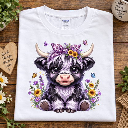 A folded white Gildan Comfort T-shirt with a colorful cartoon illustration of a fluffy black-and-white cow with yellow flowers and purple butterflies, displayed on a wooden surface with decorative props.