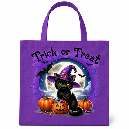 A purple canvas tote bag with a Halloween design featuring a black cat in a witch hat, pumpkins, bats, and the text 'Trick or Treat' on a white background.