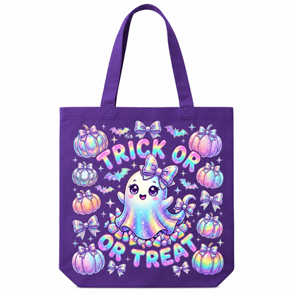 A purple canvas tote bag featuring a cute Halloween graphic with a smiling ghost, iridescent pumpkins, bats, bows, and the text 'TRICK OR TREAT' in a pastel rainbow gradient.