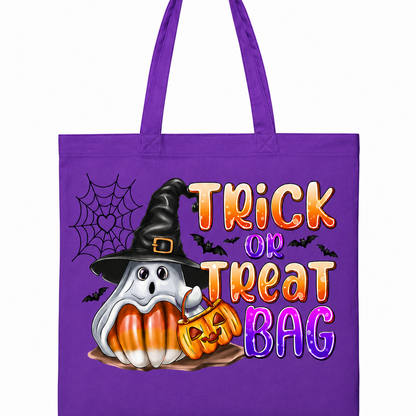 A purple canvas tote bag with a Halloween graphic that reads 'Trick or Treat Bag' in orange and purple lettering, featuring a cartoon ghost in a witch hat, jack-o'-lanterns, bats, and a spiderweb on a white background.