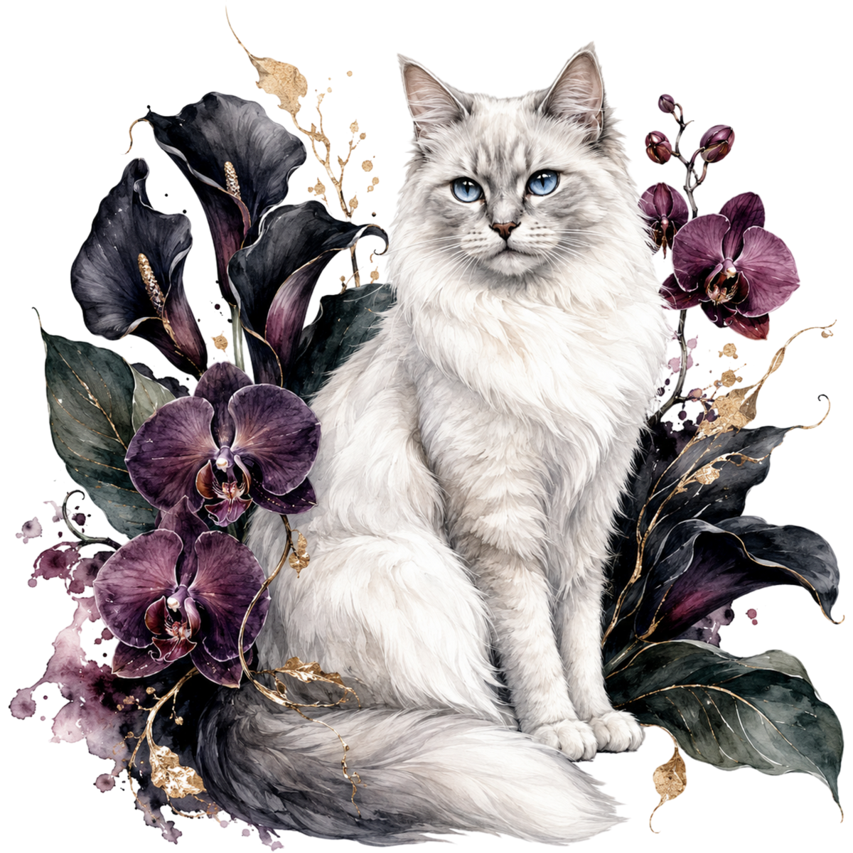 A ragdoll Cat surrounded by a velvet garden of orchids.