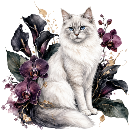 A ragdoll Cat surrounded by a velvet garden of orchids.