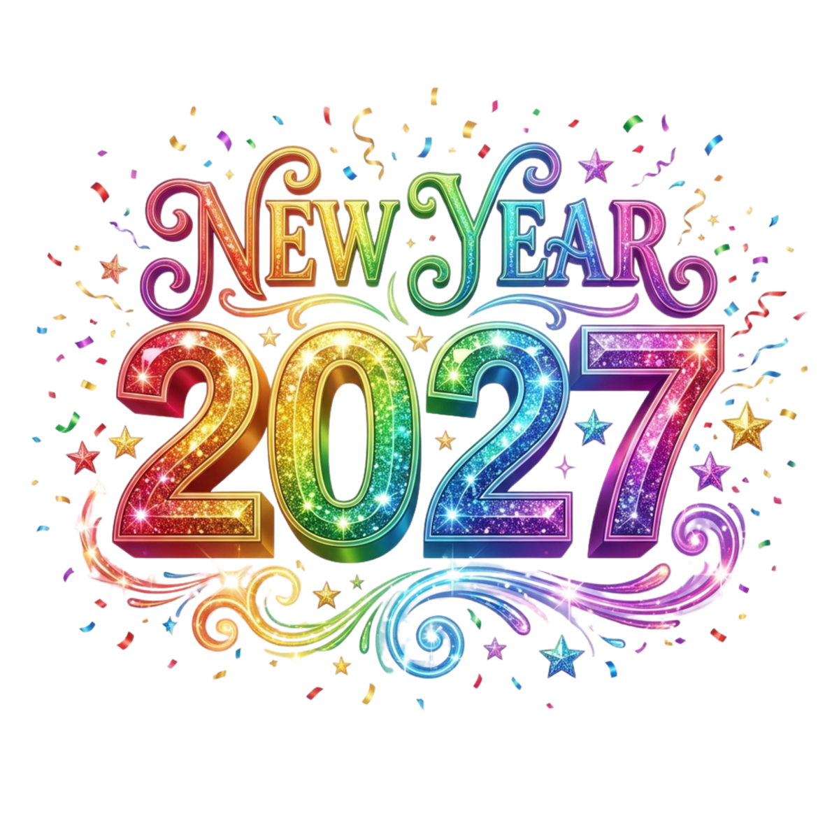 Colorful 'New Year 2027' graphic with glittery rainbow letters, decorative swirls, stars, and confetti on a white background.
