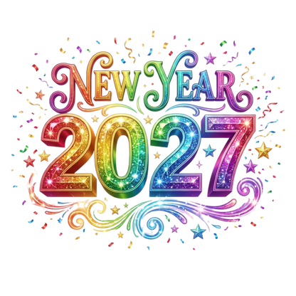 Colorful 'New Year 2027' graphic with glittery rainbow letters, decorative swirls, stars, and confetti on a white background.