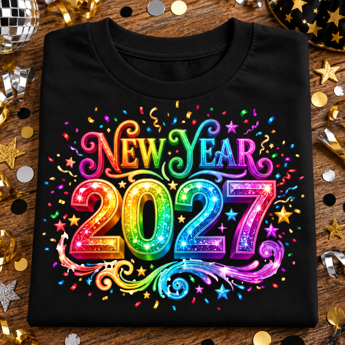 A black folded T-shirt displayed on a wooden surface with party decorations around it. The shirt features a large colorful 'New Year 2027' graphic in rainbow glitter-style lettering with confetti and stars.