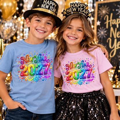 A boy and a girl wearing matching light blue and pink t-shirts with a vibrant, multicolored 'New Year 2027' graphic print. They are posing in a festive New Year's Eve setting with black and gold hats, balloons, and a 'Happy New Year' sign in the background.