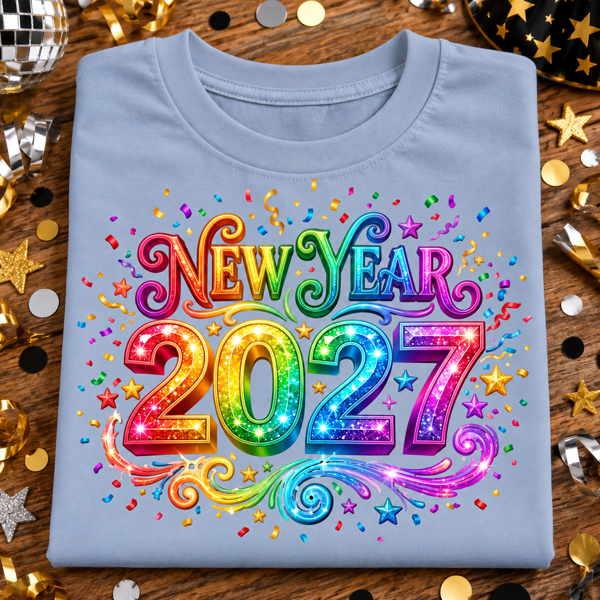 A folded light blue t-shirt with a vibrant, multicolor 'New Year 2027' graphic printed on the front, styled on a wooden surface surrounded by festive confetti, stars, and party decorations.