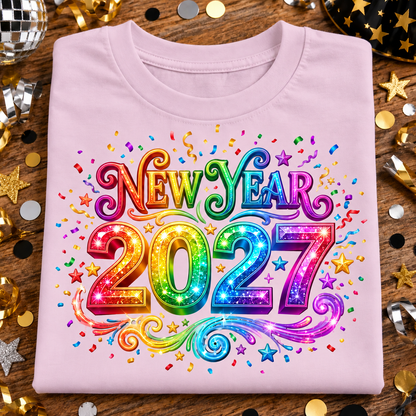 A light pink folded t-shirt with a vibrant, rainbow-colored 'New Year 2027' graphic on the front, displayed on a wooden surface surrounded by festive party decorations like confetti, stars, and a disco ball.