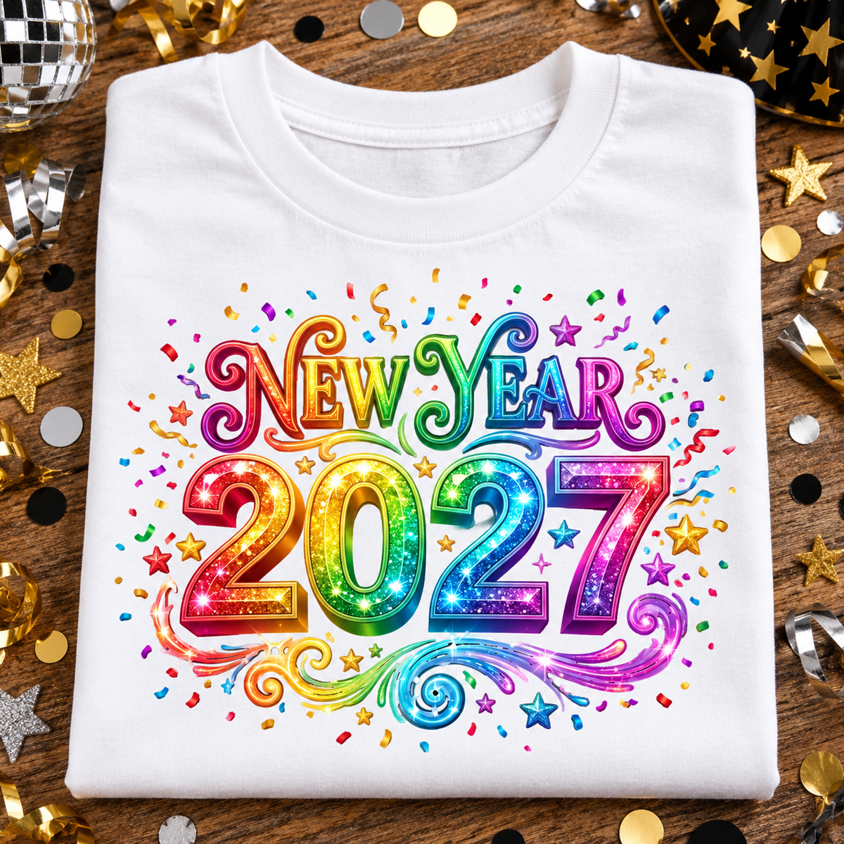 A folded white crewneck t-shirt displayed on a rustic wooden surface, decorated with New Year's Eve party elements like confetti, stars, and a disco ball. The shirt features a vibrant, glittery 'New Year 2027' graphic in a rainbow gradient.