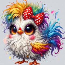 Kids graphic t-shirt featuring a rainbow-feathered chicken with a polka dot bow, perfect for young chicken lovers.